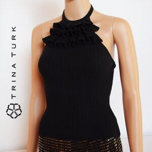 Trina Turk Black Ribbed Knit Ruffled Neck Low Back Halter Top